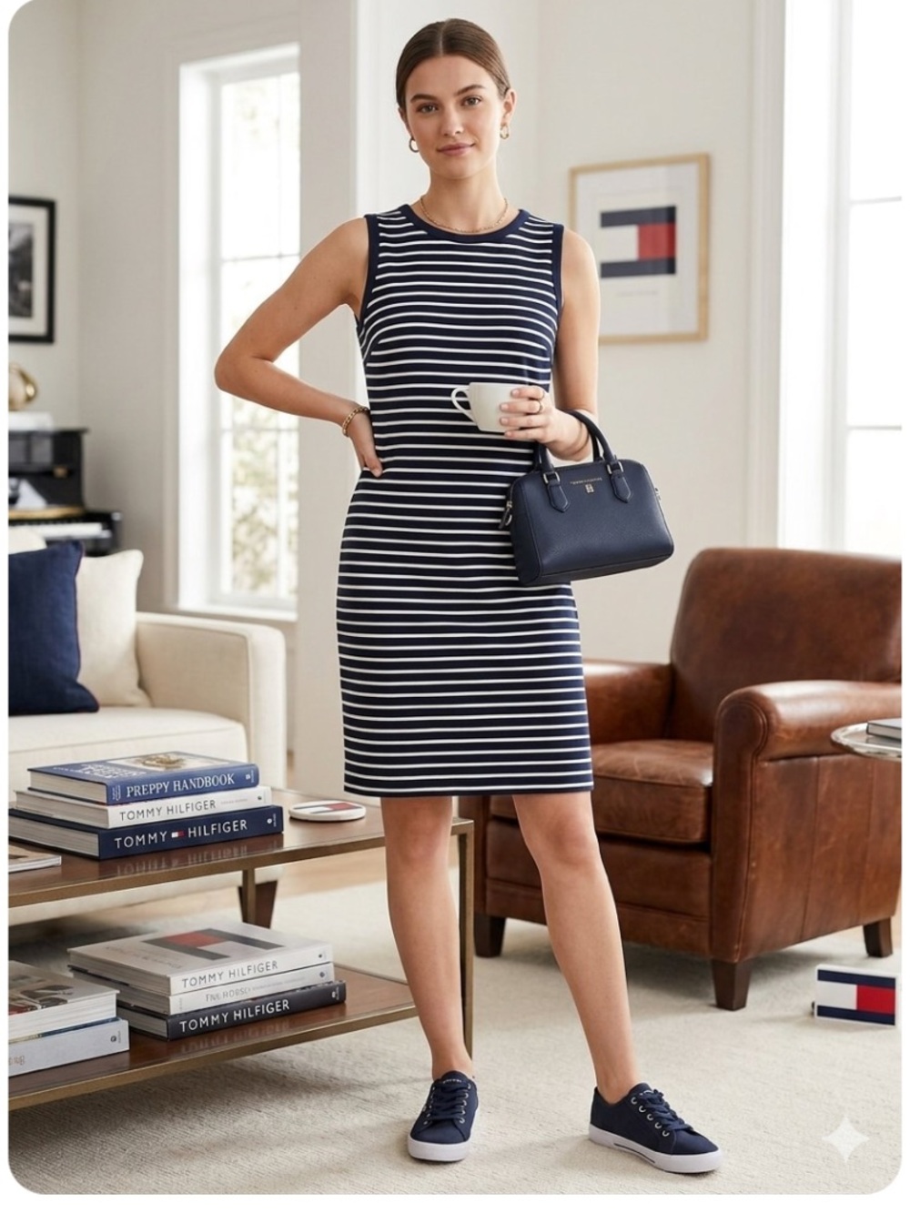 Tommy Hilfiger Striped Sleeveless T-Shirt Dress Midi Dress Blue & White Medium